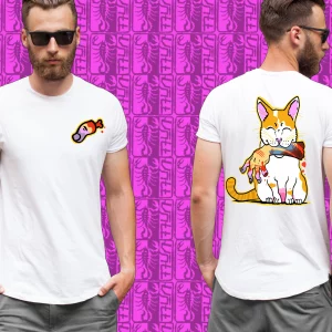 La camiseta gato travieso luce un diseño exclusivo del artista Jaime Vall de un gato peculiar y disruptivo